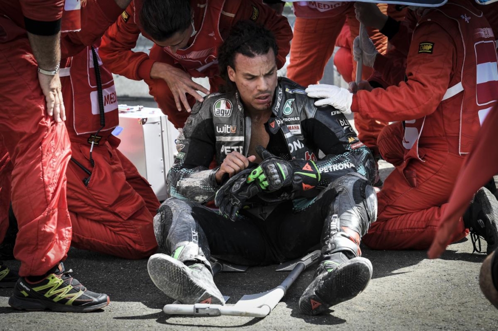 Morbidelli receives assistance after a crash at the 2020 Austrian MotoGP